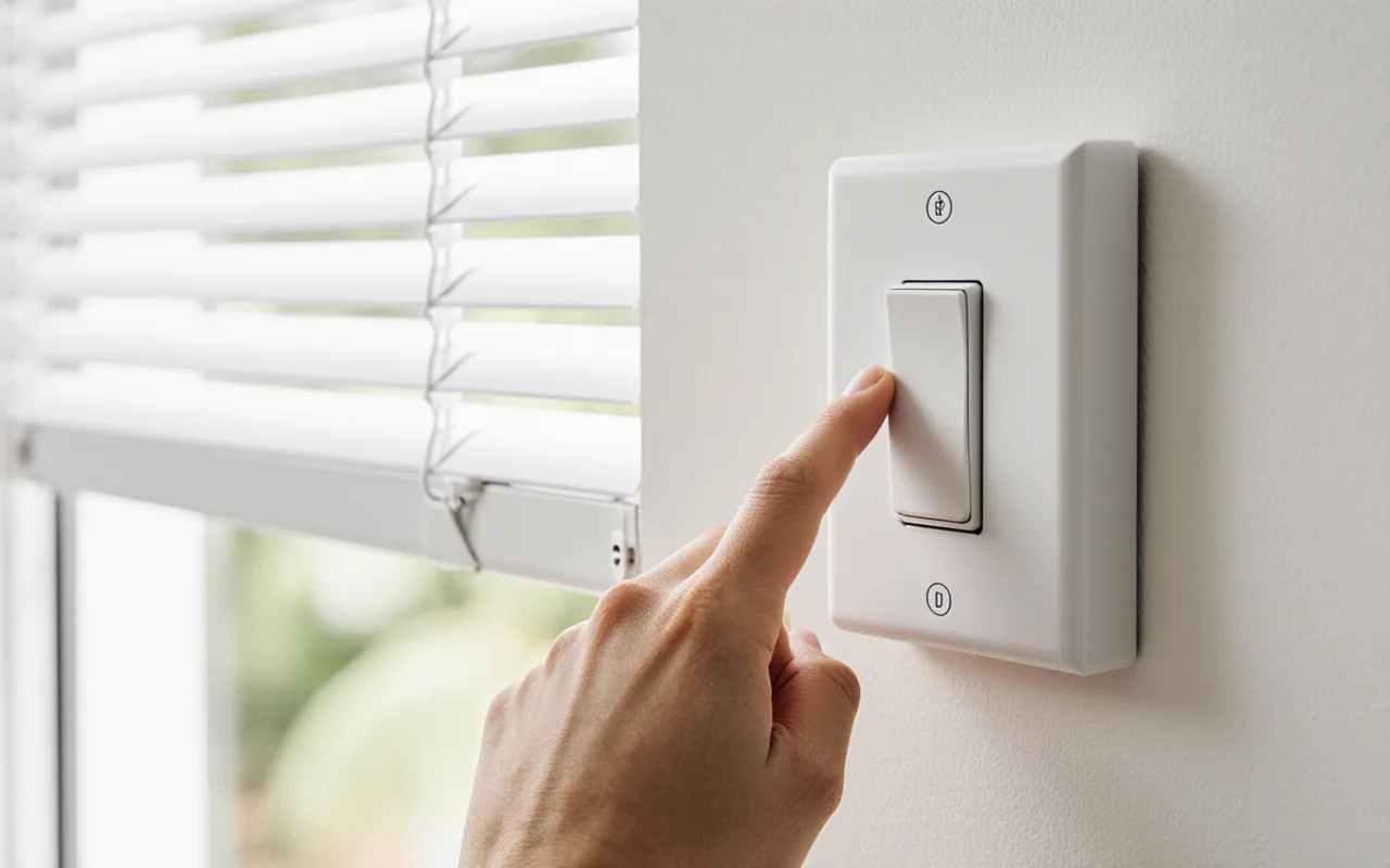 Main sur une commande murale de volet roulant dans une maison lumineuse