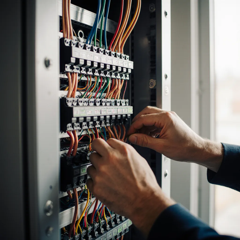 Mains travaillant sur un tableau électrique en rénovation